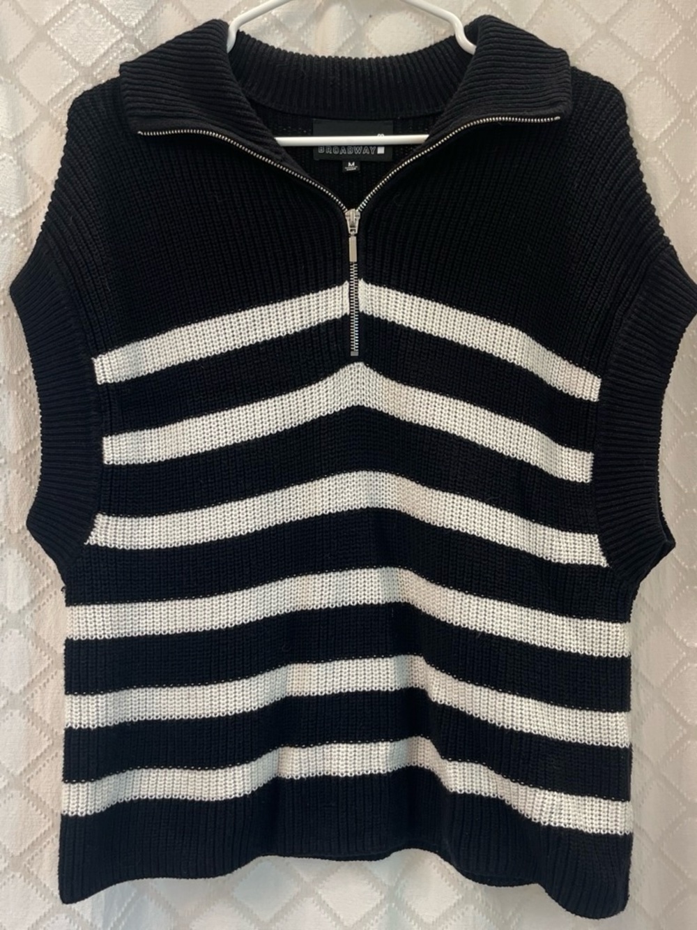 Women’s Black & White Striped Half-Zip Sweater Vest